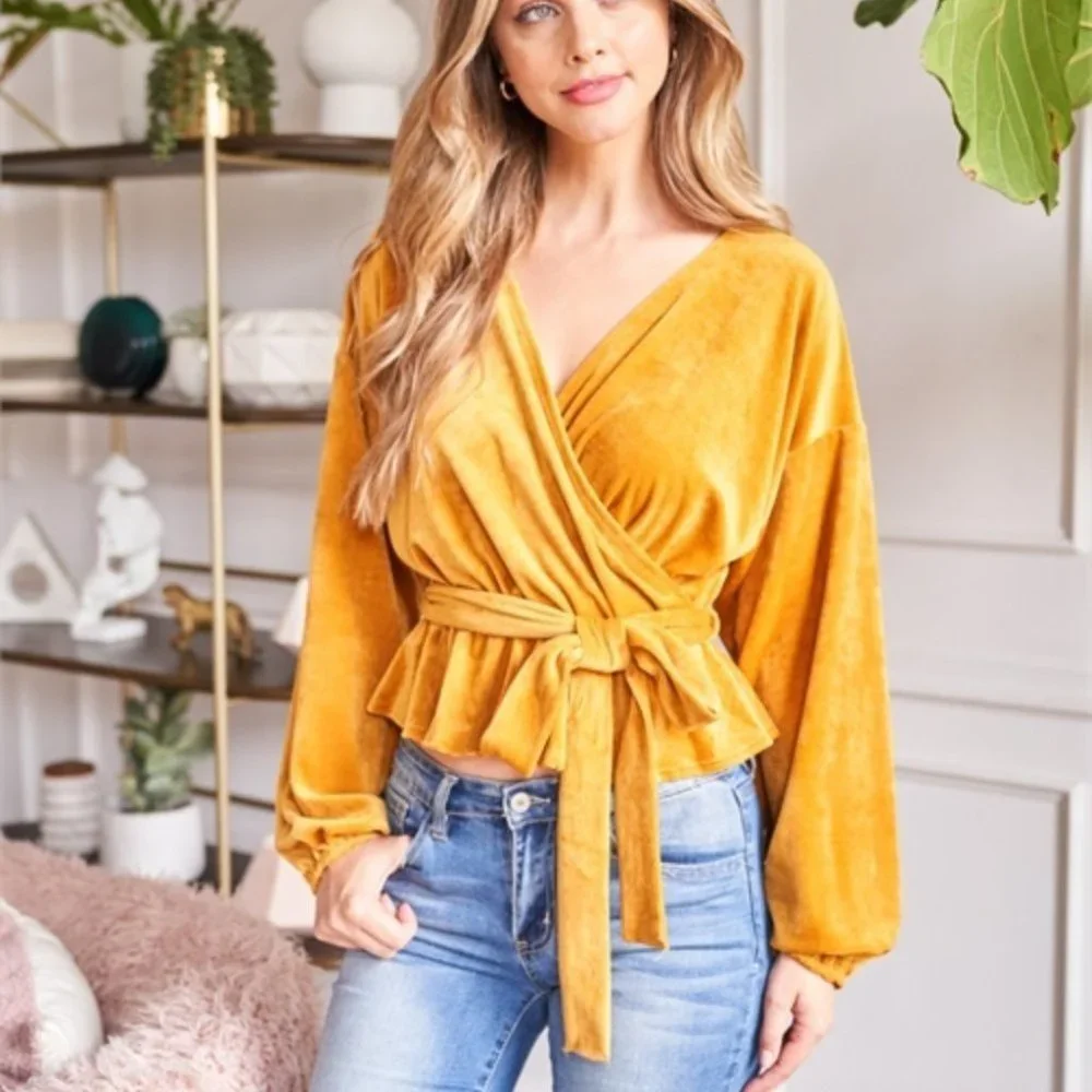 BOHO velour bishop sleeve belted MUSTARD TOP_3